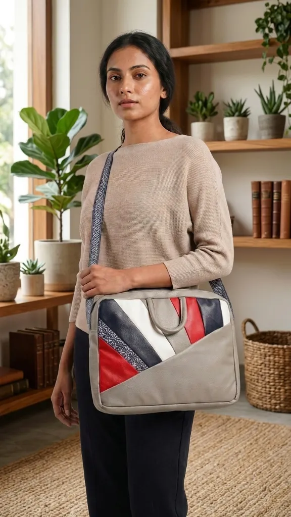 Chalcharkha Lather Laptop Bag with inner handloom cotton 02.webp