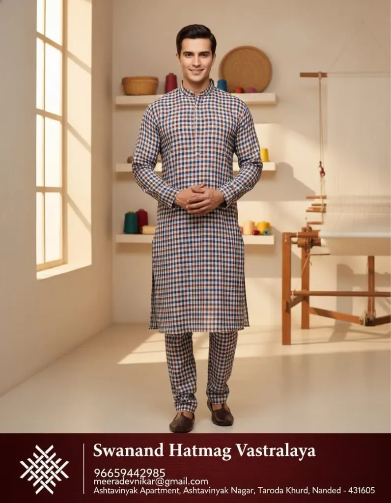 Gopuri Khadi Small  Checks Black Orange white 01.webp