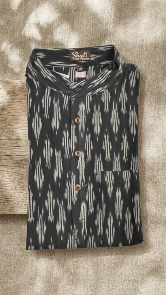 Jents Full Kurta 30 Length Ikkat Black